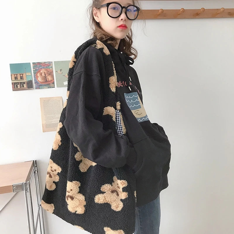 Soft Plush Shopping Bags Girls Book Women Lamb Like Fabric Tote Shoulder Bag