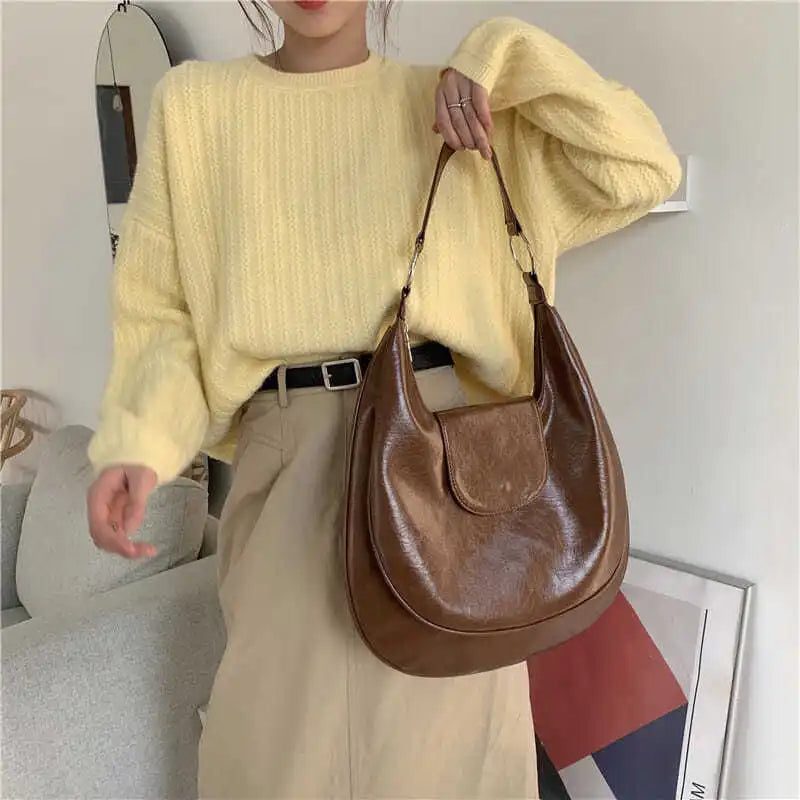 Large Capacity Tote Bag Women PU Leather Retro Solid Vintage