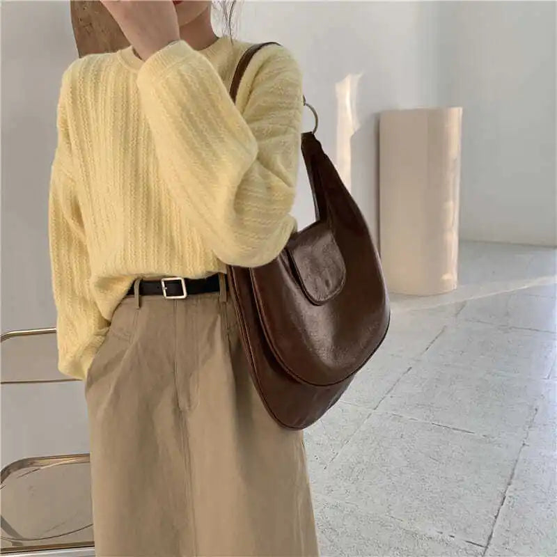 Large Capacity Tote Bag Women PU Leather Retro Solid Vintage