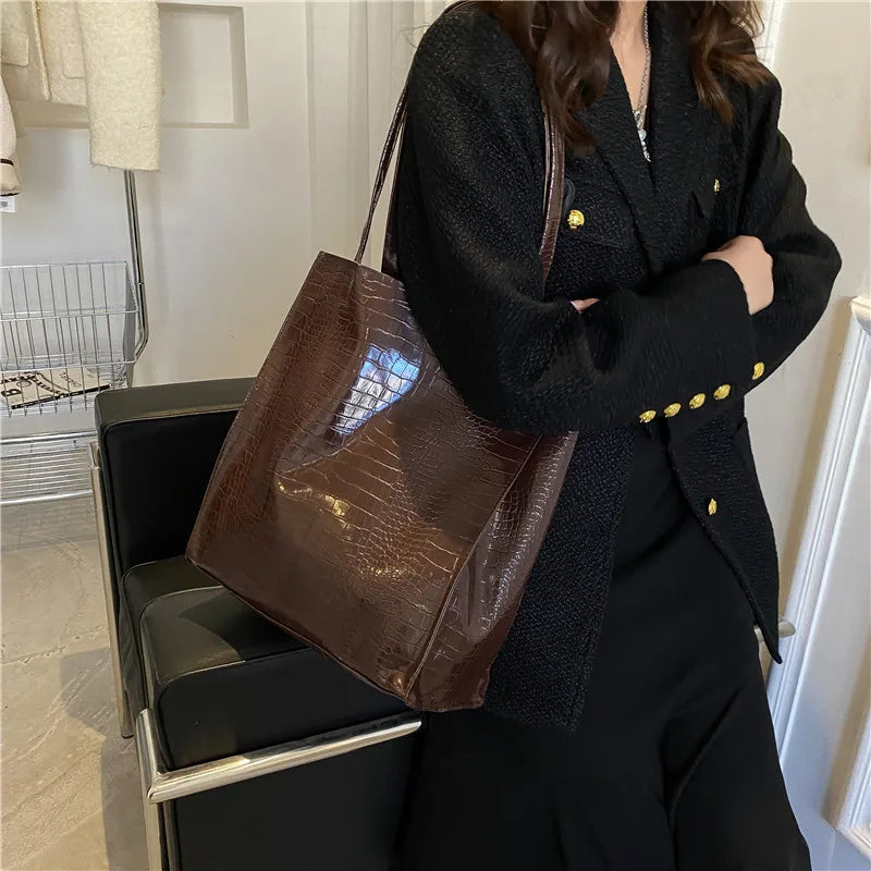 Fashionable Women Handbags Crocodile Pattern Bucket Bags
