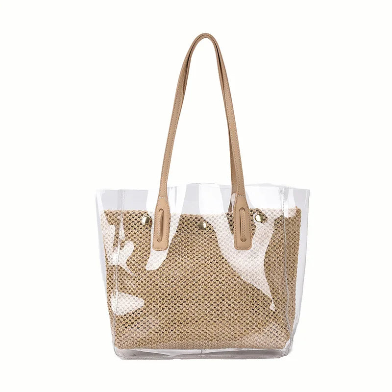 Large Capacity Women's Shoulder Handbag PVC Transparent Beach Straw Bag