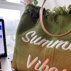 Large Capacity Tassel Shoulder Bag Cotton Canvas Handbag