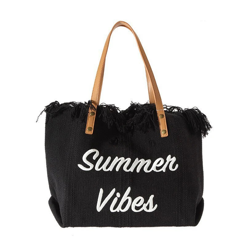 Large Capacity Tassel Shoulder Bag Cotton Canvas Handbag