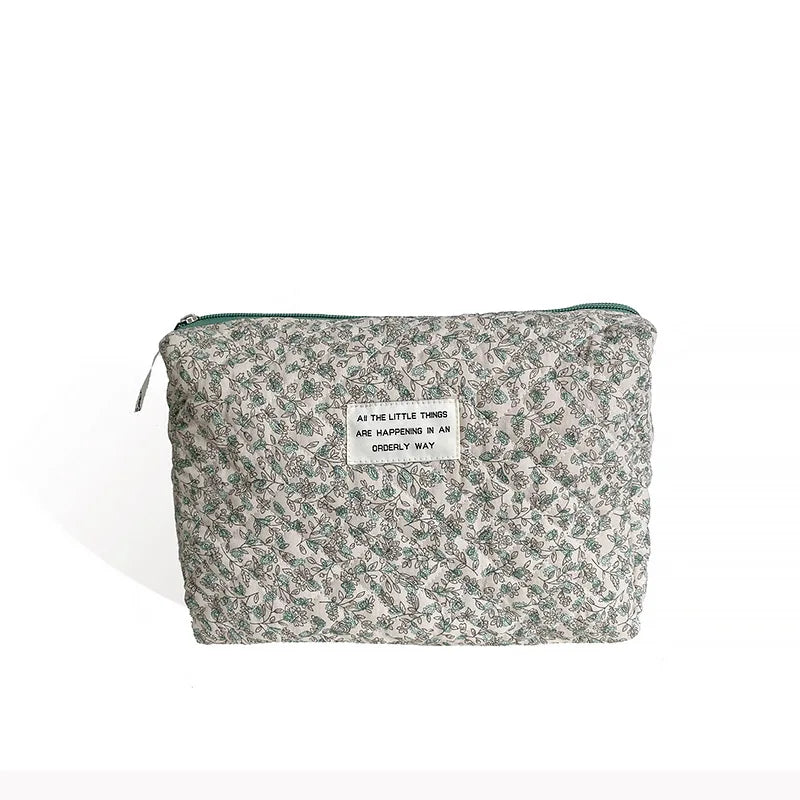 Quilted Cosmetic Pouch Fabric Zipper Beauty Case Portable Toiletry Bag
