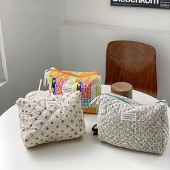 Quilted Cosmetic Pouch Fabric Zipper Beauty Case Portable Toiletry Bag