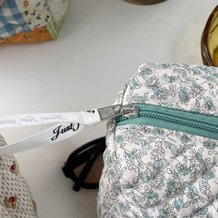 Quilted Cosmetic Pouch Fabric Zipper Beauty Case Portable Toiletry Bag
