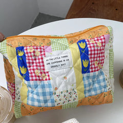 Quilted Cosmetic Pouch Fabric Zipper Beauty Case Portable Toiletry Bag