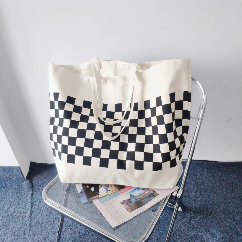 Canvas Shoulder Bag Women Casual Chessboard Handbag Student