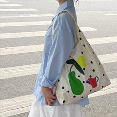 Canvas Shoulder Bag Women's Polka Dot Handbag Tote