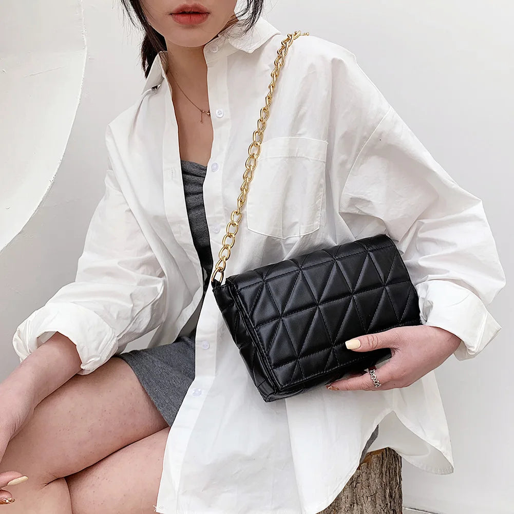Lattice Pattern Chain Shoulder Underarm Bag PU Women Flap Handbags