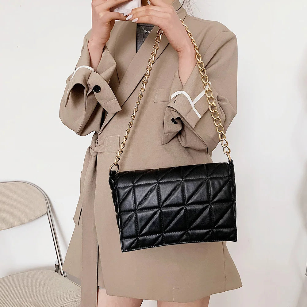 Lattice Pattern Chain Shoulder Underarm Bag PU Women Flap Handbags