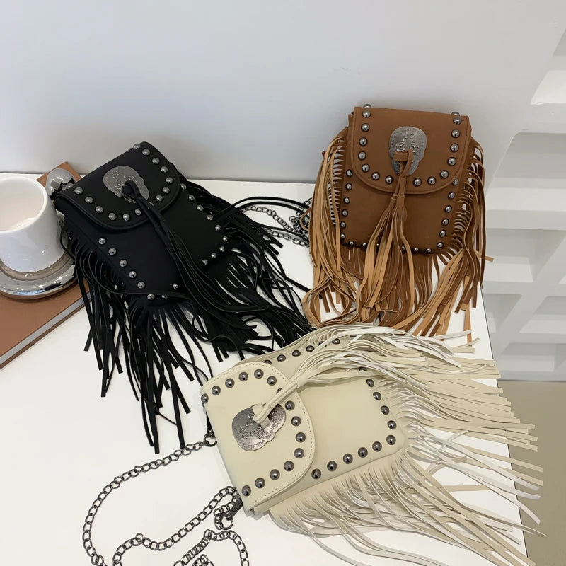 Leather Chain Phone Bag Women's Shoulder Bag Fringe Rivet Crossbody Bag