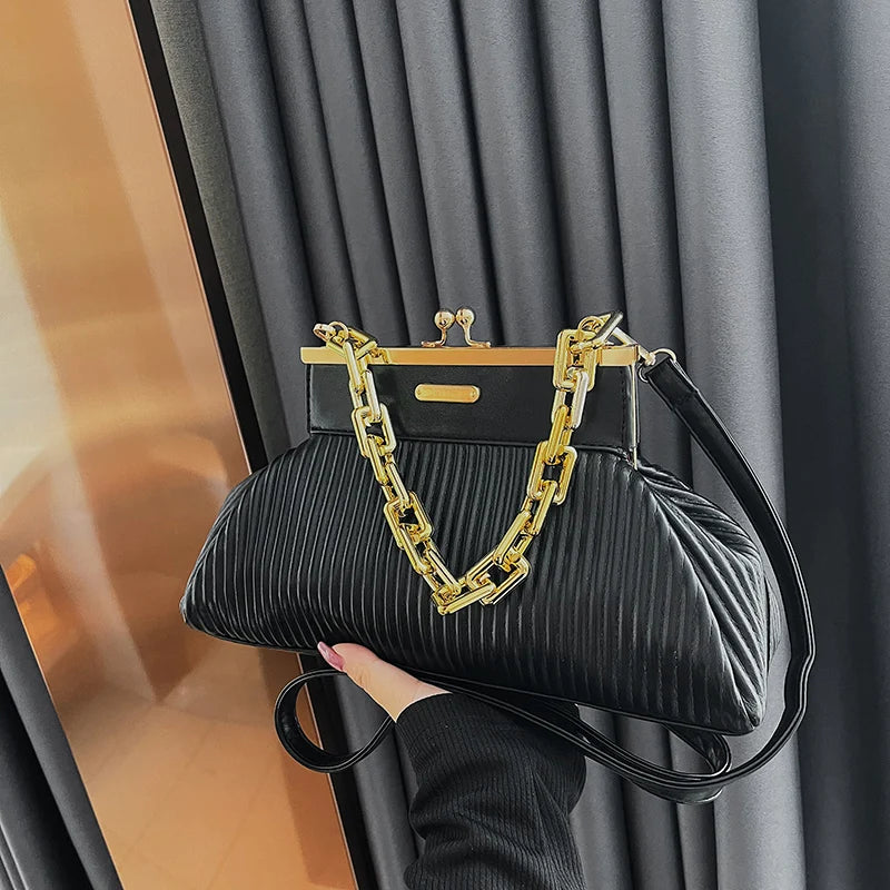 Leather Crossbody Messenger Bags Women Metal Hasp Pleated Shoulder Handbags