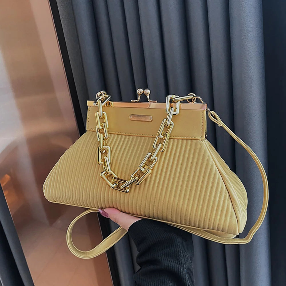 Leather Crossbody Messenger Bags Women Metal Hasp Pleated Shoulder Handbags