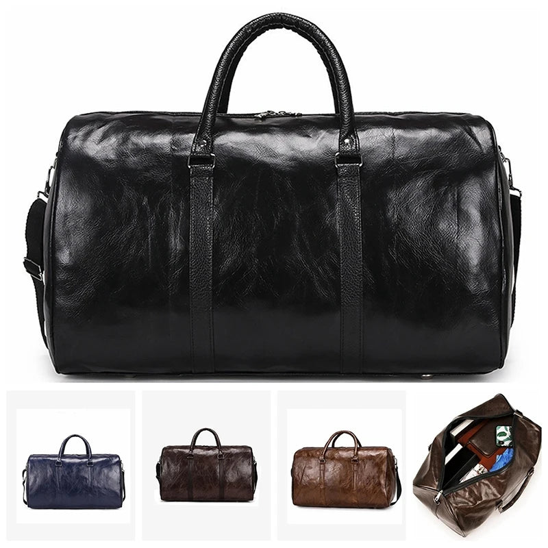 Large Leather Travel Duffle Bag Zipper Shoulder Handbag Men Fitness Luggage