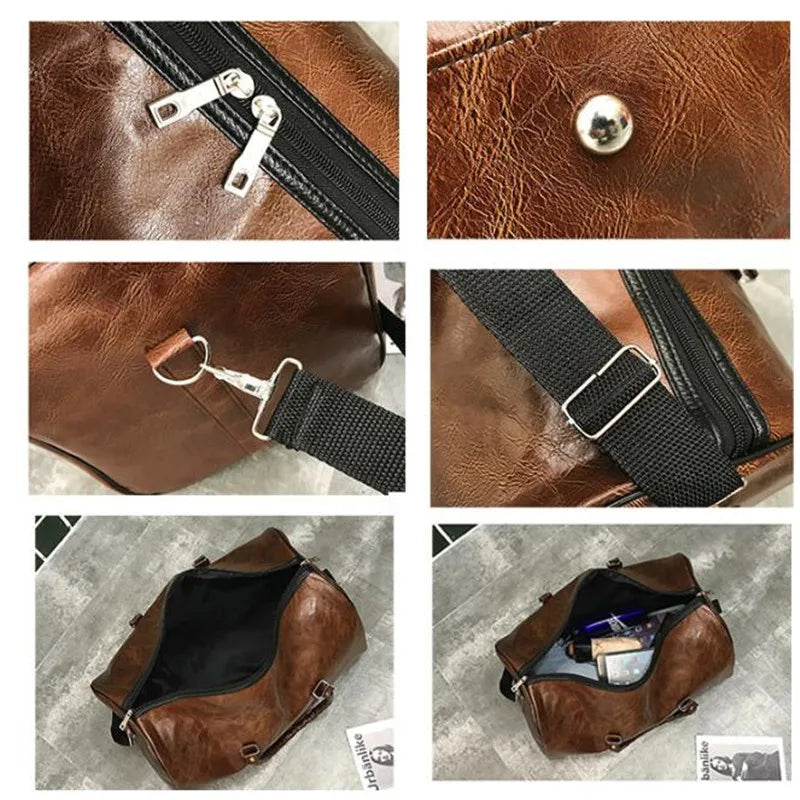 Large Leather Travel Duffle Bag Zipper Shoulder Handbag Men Fitness Luggage