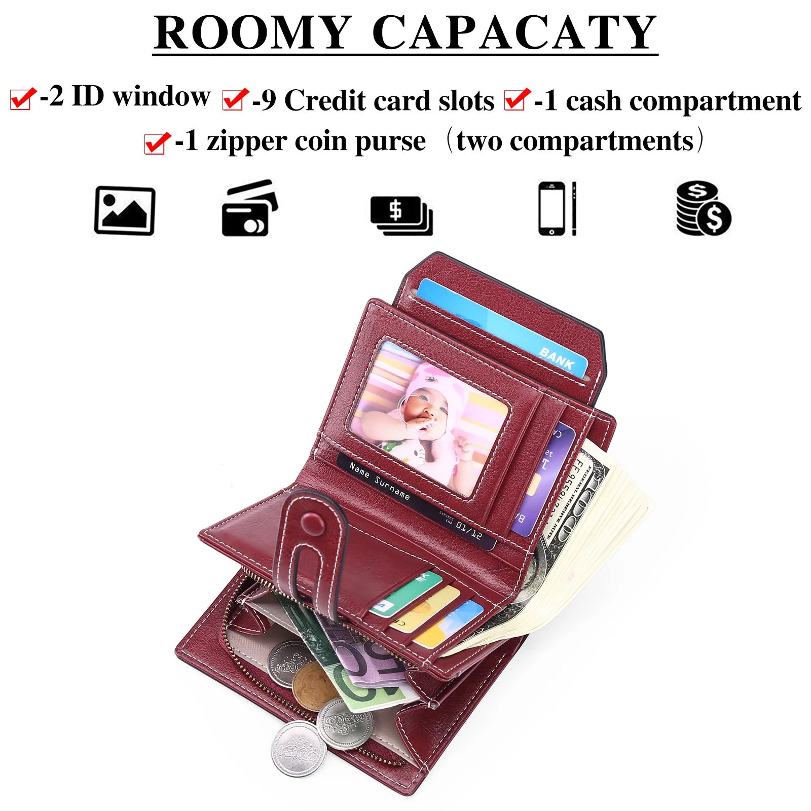 Multi-functional Leather Women's Wallet with Zipper