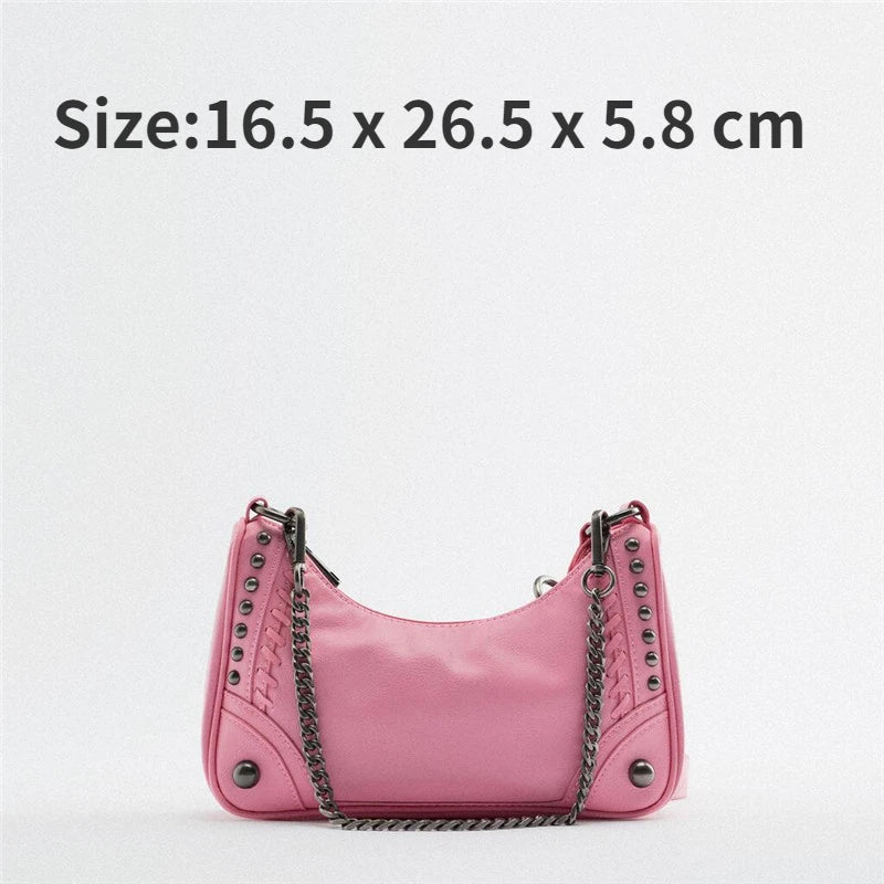 Leisure Hobo Chain Crossbody Bag Rivet Soft PU Leather Purses and Handbags