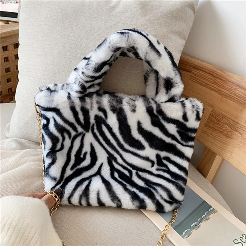 Leopar Chains Fur Plush Women Female Winter Handbags Messenger Soft Warm B001