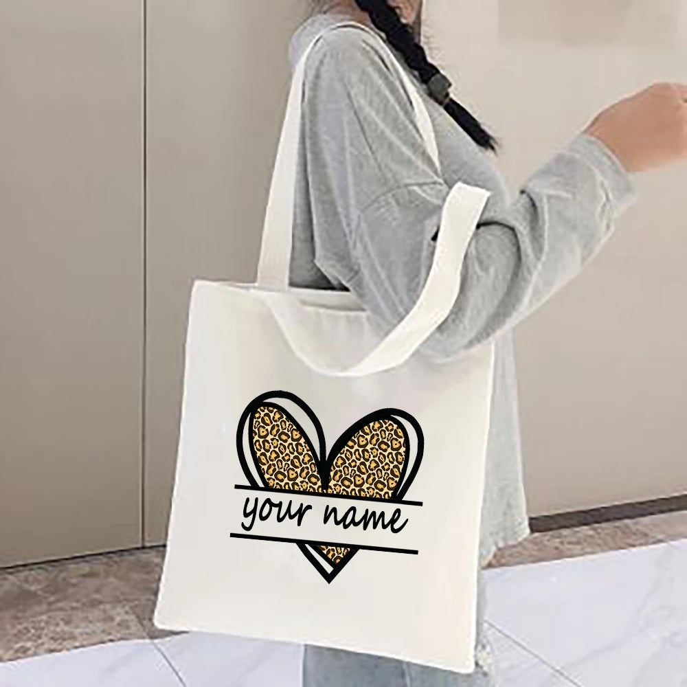 Leopard Heart Name Women Shoulder Tote Bag