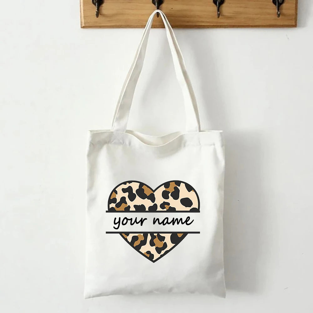 Leopard Heart Name Women Shoulder Tote Bag