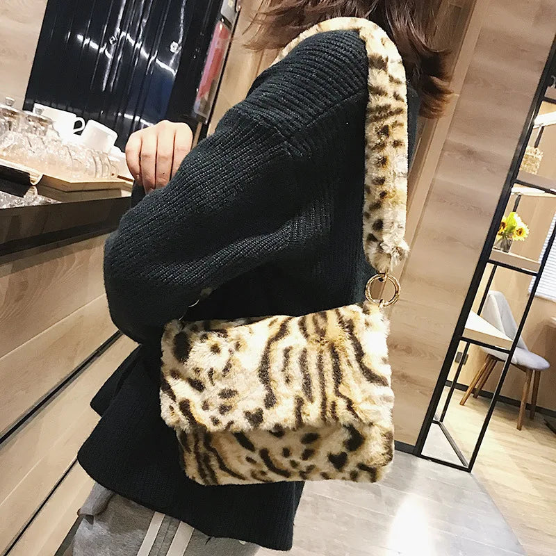 Leopard Pattern Plush Shoulder Bag Autumn Winter Women's Handbag