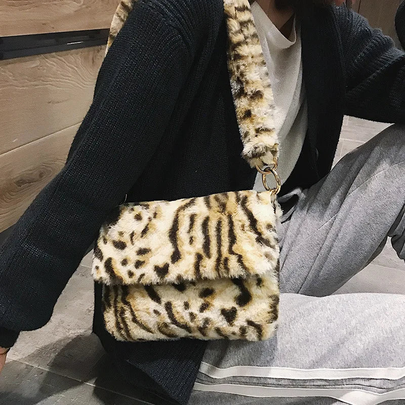Leopard Pattern Plush Shoulder Bag Autumn Winter Women's Handbag