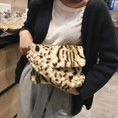 Leopard Pattern Plush Shoulder Bag Autumn Winter Women's Handbag