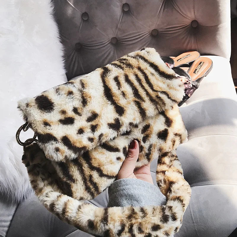 Leopard Pattern Plush Shoulder Bag Autumn Winter Women's Handbag