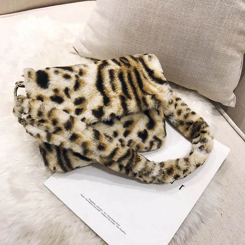 Leopard Pattern Plush Shoulder Bag Autumn Winter Women's Handbag