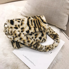 Leopard Pattern Plush Shoulder Bag Autumn Winter Women's Handbag