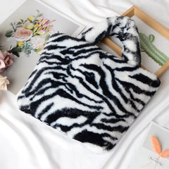 Leopard Pattern Soft Plush Shoulder Bag Winter Faux Fur Small Tote Handbags