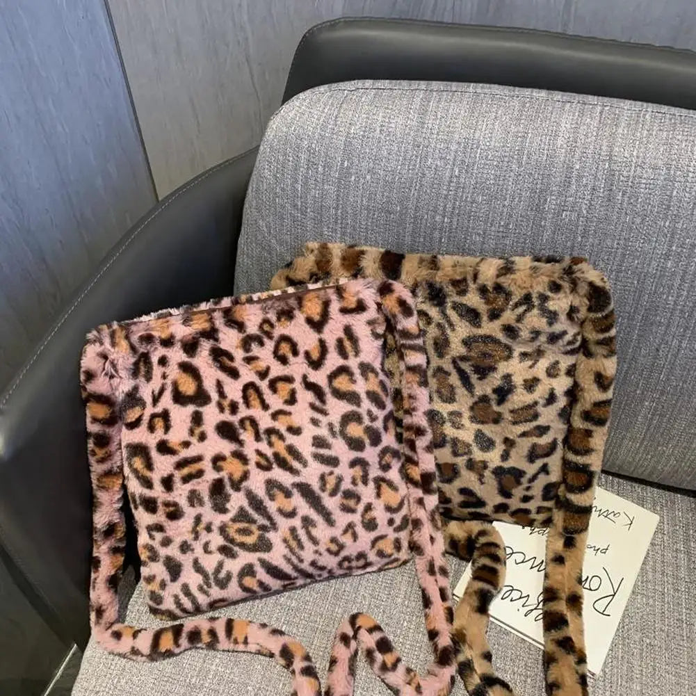 Leopard Plush Shoulder Bag Women's Vintage Handbag Large Capacity Messenger Bag