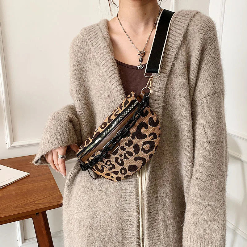 Leopard Print Zipper Waist Bag Women's Casual Vacation Chest Bag
