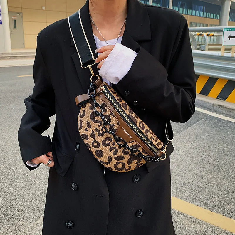 Leopard Print Zipper Waist Bag Women's Casual Vacation Chest Bag