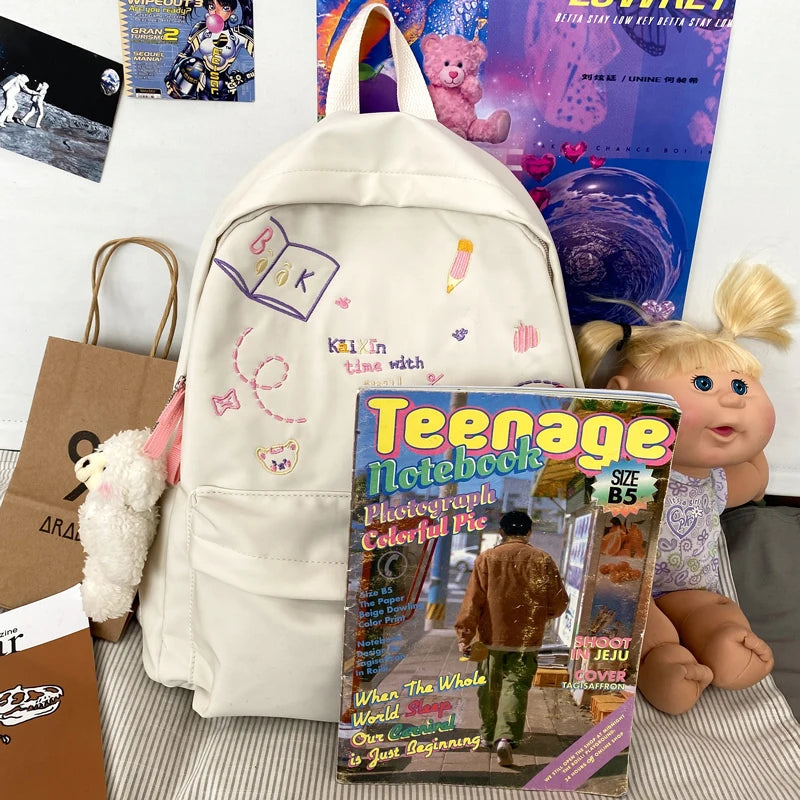Letter Embroidery School Backpack For Teenage Girls Waterproof Nylon Bagpack