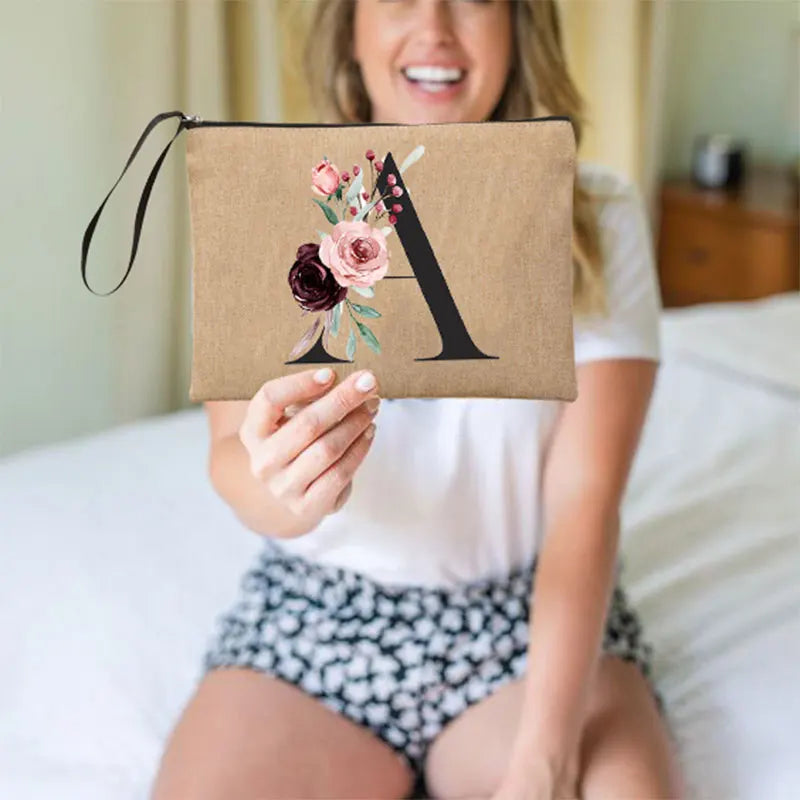 Flower Linen Makeup Clutch Bag Holiday Travel Organizer Case