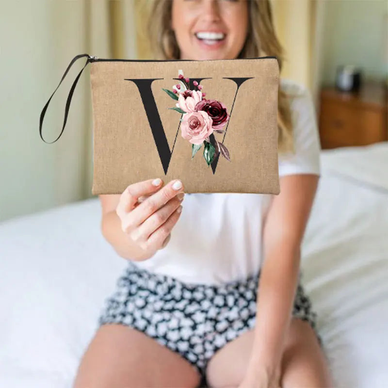 Flower Linen Makeup Clutch Bag Holiday Travel Organizer Case