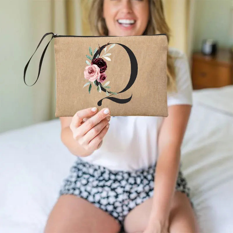 Flower Linen Makeup Clutch Bag Holiday Travel Organizer Case