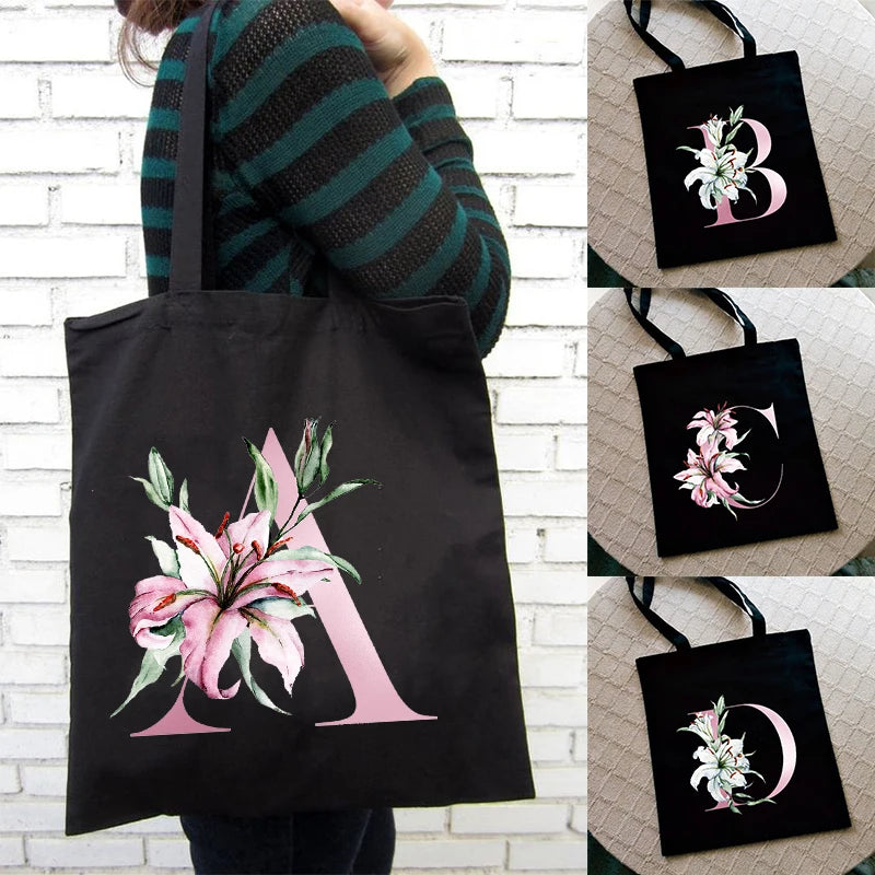 Lily Letter Print Women Shopping Bag Canvas Shoulder Eco Handbag