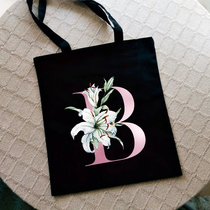 Lily Letter Print Women Shopping Bag Canvas Shoulder Eco Handbag