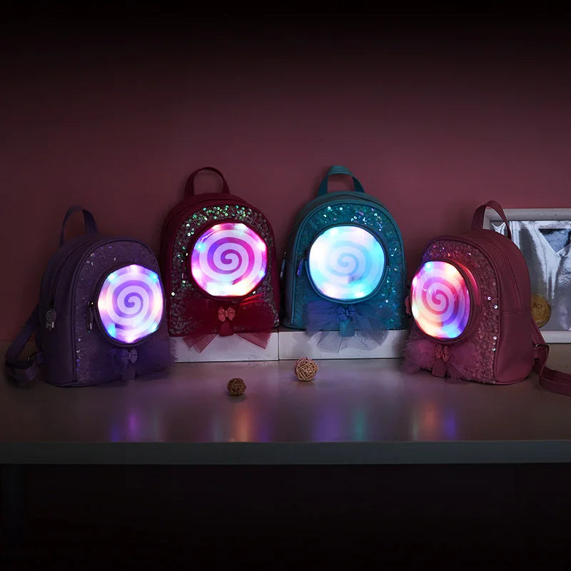 Lollipop Girl Kids Backpack Sequins LED Light