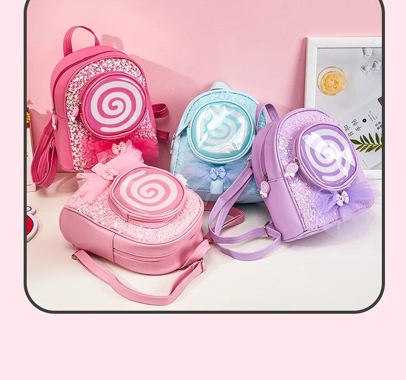 Lollipop Girl Kids Backpack Sequins LED Light