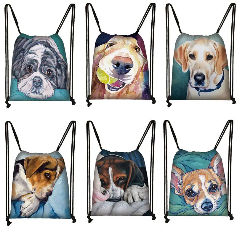 Lovely Dog Prints Drawstring Backpack Eco Polyester Casual School Shoulder Bags