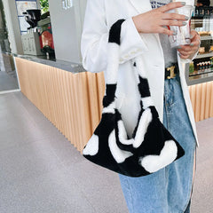Heart Print Plush Shoulder Bag Women Casual Winter Hit Soft Small Shoulder Bags