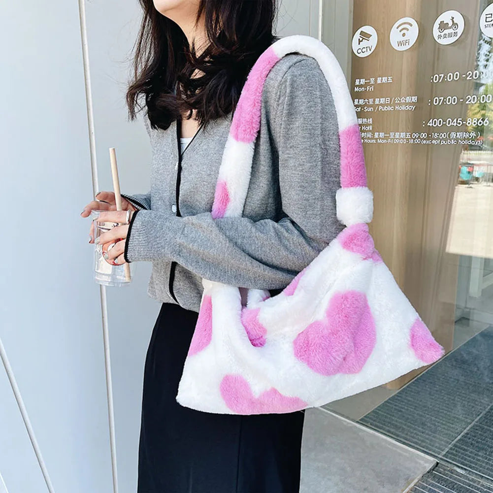 Heart Print Plush Shoulder Bag Women Casual Winter Hit Soft Small Shoulder Bags