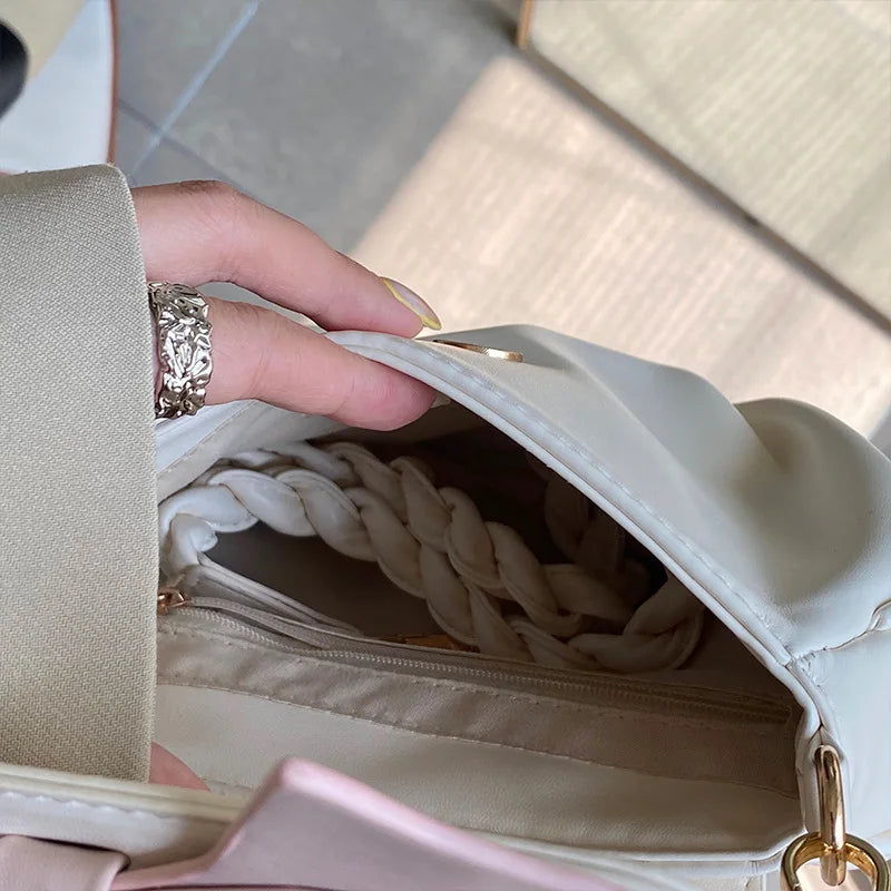 Pink Bow Small Crossbody Bag Women Shoulder Ruched Purse Handbag