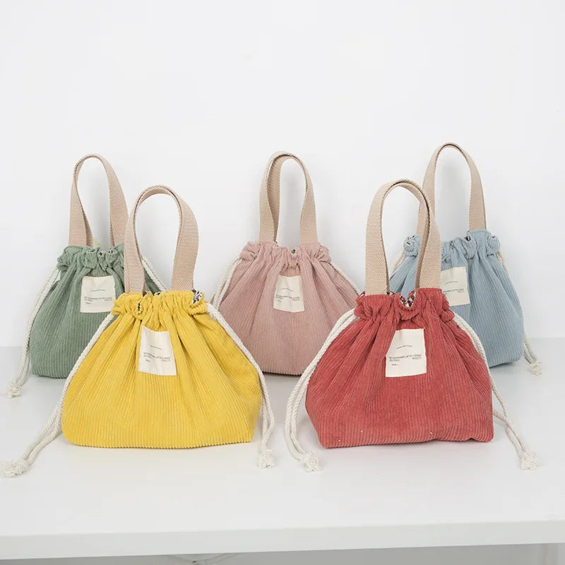 Corduroy Canvas Lunch Bag Drawstring Picnic Tote Eco Cotton Cloth Handbag