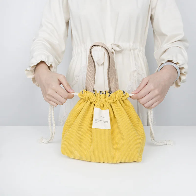 Corduroy Canvas Lunch Bag Drawstring Picnic Tote Eco Cotton Cloth Handbag