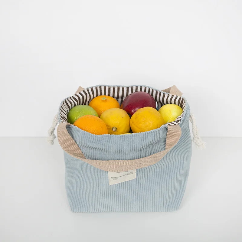 Corduroy Canvas Lunch Bag Drawstring Picnic Tote Eco Cotton Cloth Handbag